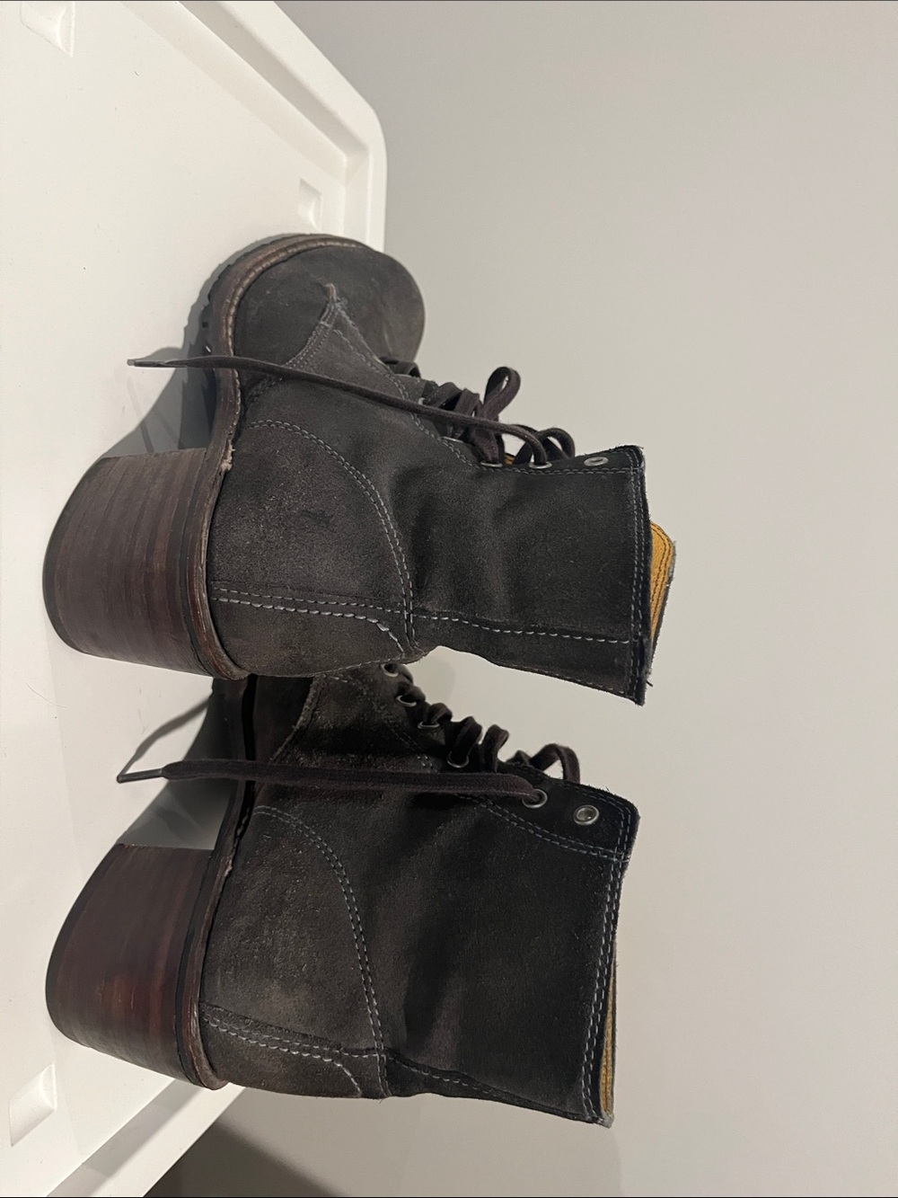 Frye Black Suede Lace-Up Combat Boots with Brown Stacked Heel